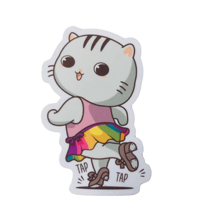 Autocollant de chat qui fait des claquettes avec une jupe arc-en-ciel pour la vente par Denali & Co.