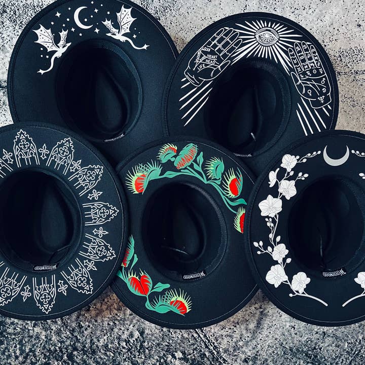 Witchwood Bags - Wholesale Fedora - Women's - Vegan Felt Wide Brim Hat - XL Brim - "Venus Fly Traps"1