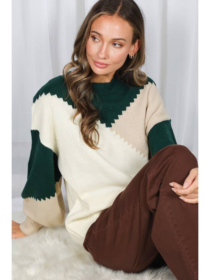 Vine & Love - Wholesale Knit Sweater - Women's - Color Block Round Neck Chunky Knitted Sweater Top VT810176