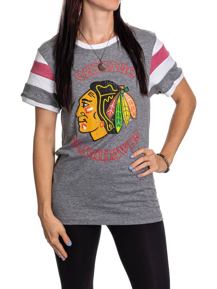 Chicago Blackhawks Ladies Loose Fit Varsity Style Retro Lounge T-Shirt for wholesale by Calhoun Sportswear