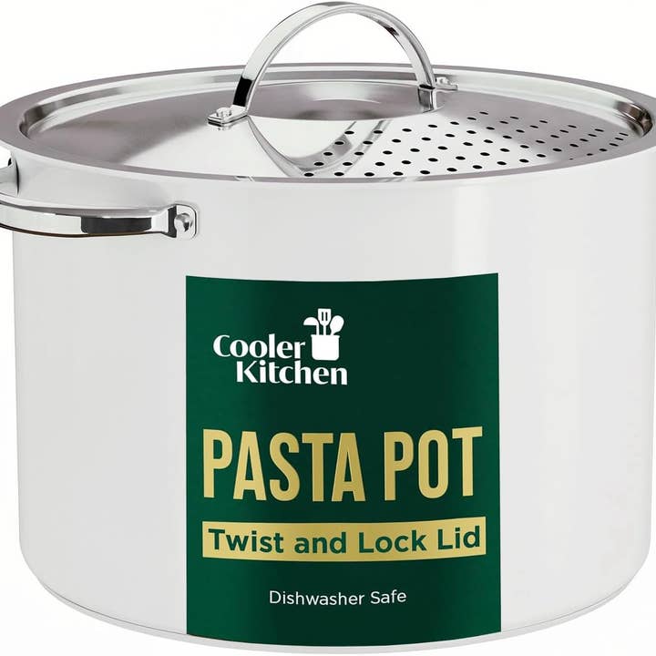 Stainless Steel Pasta Pot with Locking Strainer Lid for wholesale by Cooler Kitchen