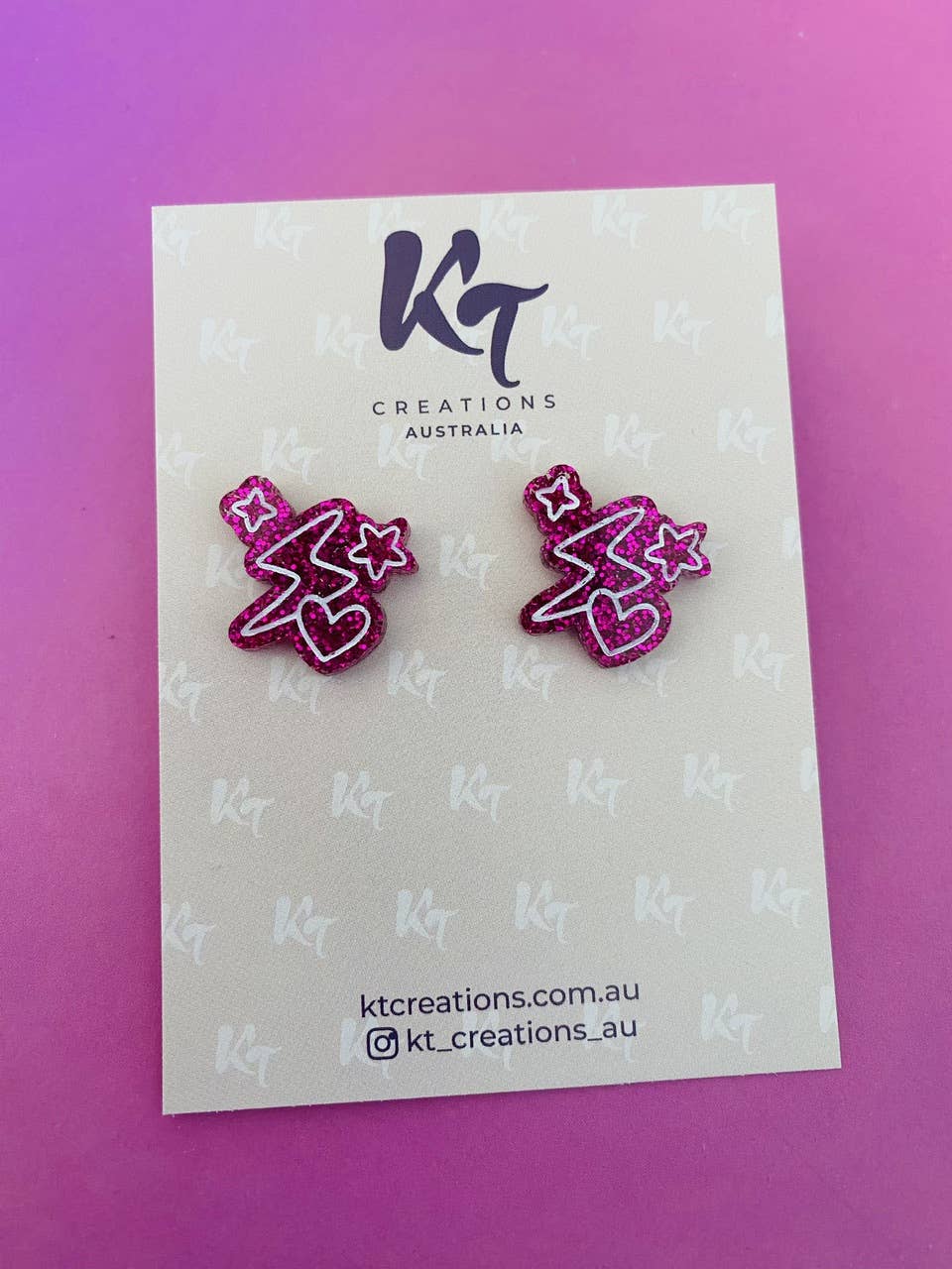 KT Creations Australia - Wholesale Stud/post earrings - Lightening bolt heart studs - hot pink glitter hand painted