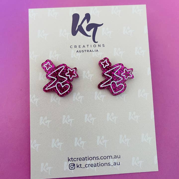 KT Creations Australia - Wholesale Stud/post earrings - Lightening bolt heart studs - hot pink glitter hand painted0