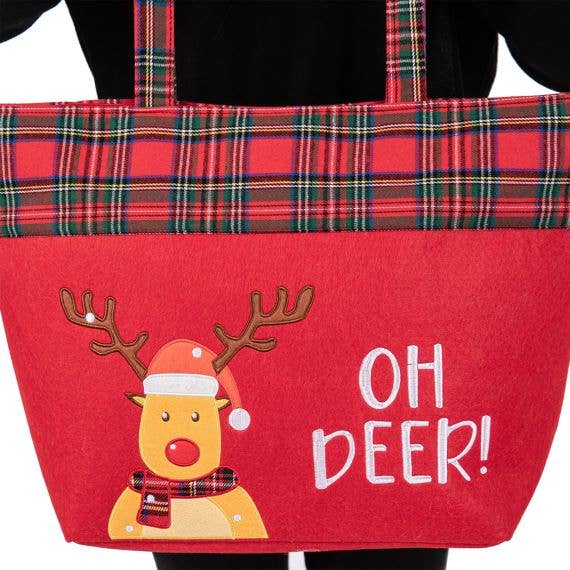Red Oh Deer Letter Reindeer Christmas Tote Bag for wholesale on Faire2