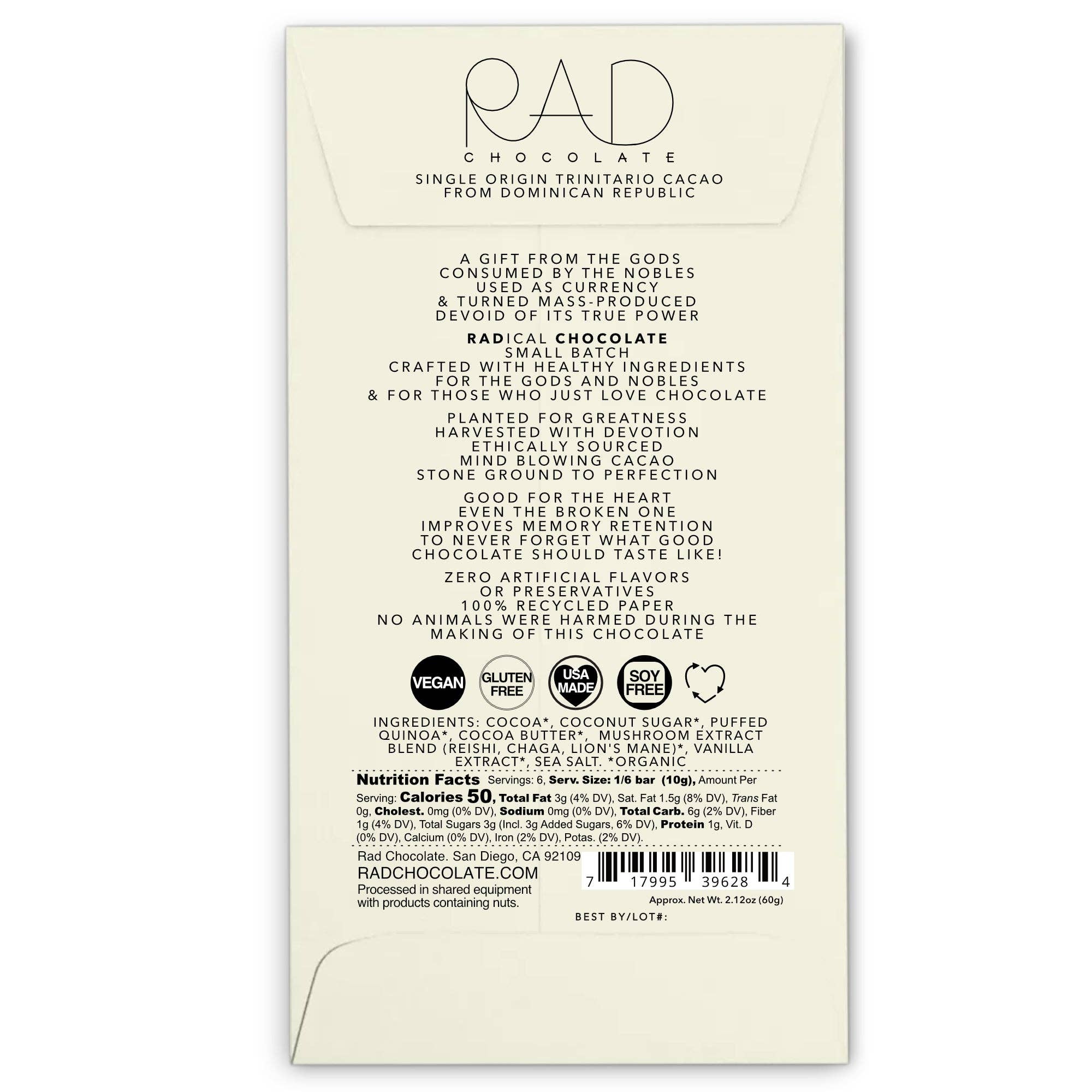 Rad Chocolate - Vendita all'ingrosso Barretta di cioccolato - Cioccolato Vegano Biologico Rad Reishi + Chaga con Zucchero di Cocco e Quinoa Croccante1