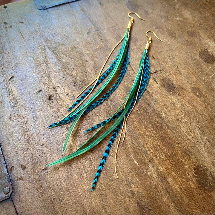 Mini Feather Earrings - Green & Turquoise/Gold, Boho Western for wholesale on Faire9