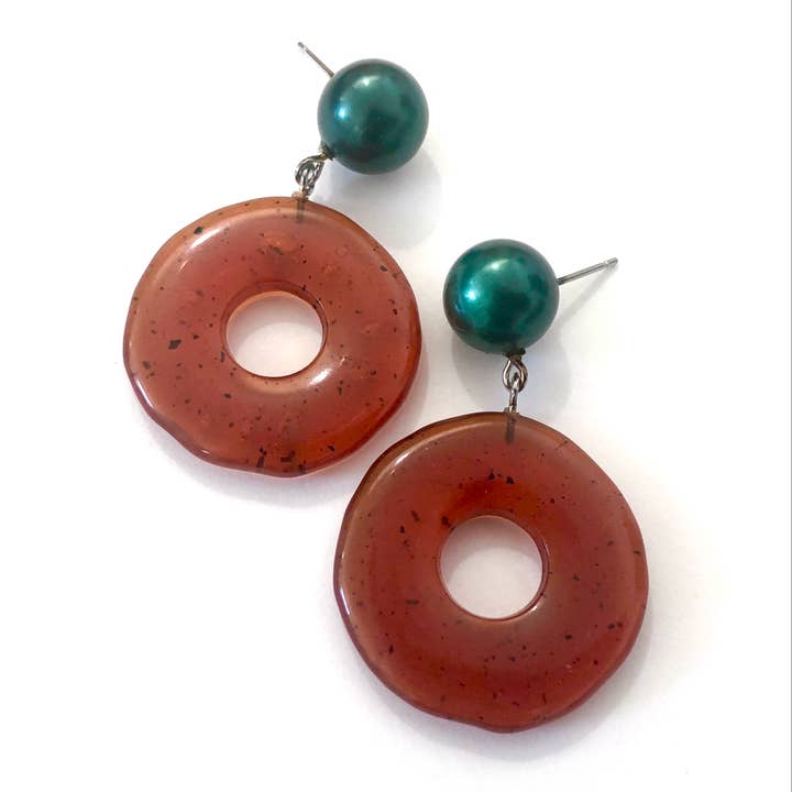 Carnelian Dark Amber & Green Pearl Donut Drop Earrings for wholesale by Leetie Lovendale