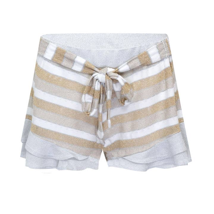 STRIBET FLÆSE SHORTS I DROP STING STRIK MED FRONT for engroshandel hos Ruth Erotokritou Knitwear