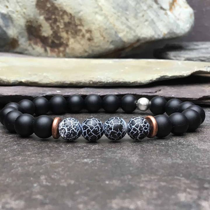 SoeL Beads - Venta al por mayor Pulsera de cuentas - Pulsera de cuentas de ónix con ágata fósil de viento negro