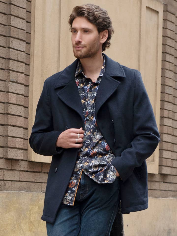 Men's Wool Blend Navy Mid-Length Coat for wholesale by GUIDE LONDON