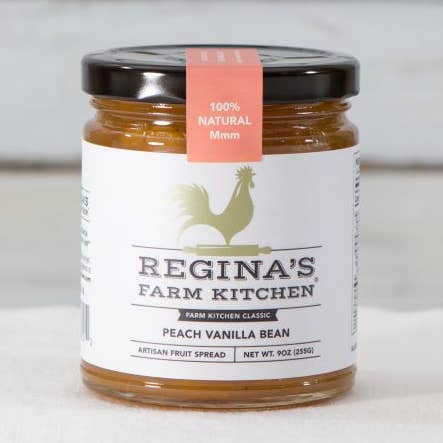 Peach Vanilla Bean 9 oz. jar for wholesale by Regina's Farm Kitchen, Artisan Fruit Spreads