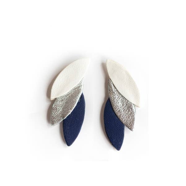 Chenoha Studio - Wholesale Dangle Earrings - Tree petals leather studs - White Silver Deep Blue