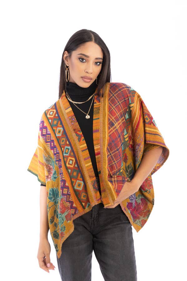 SAACHI – wholesale Poncho – Women's – Floral Geometric Short Open Poncho8