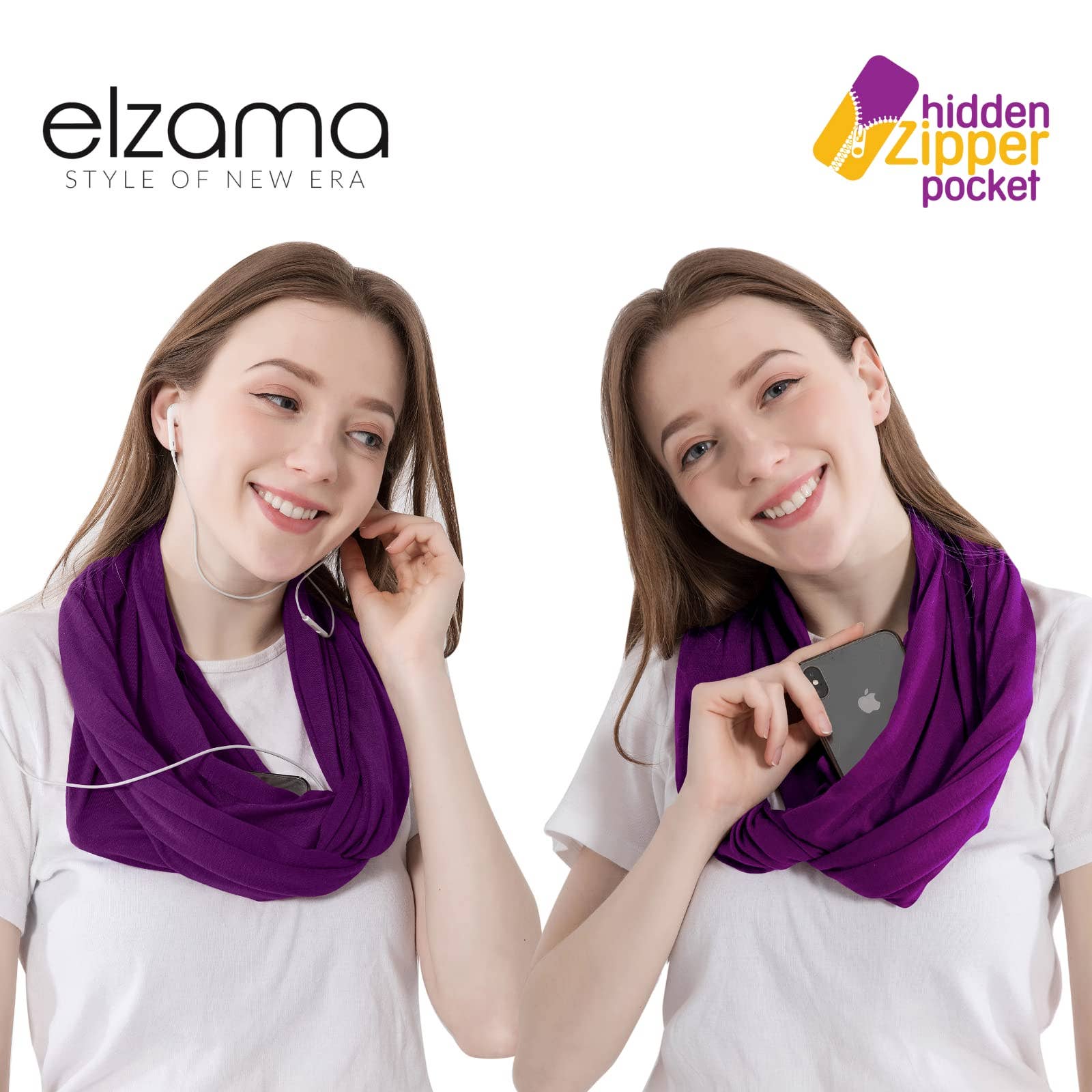 Elzama - Wholesale Scarf - Women's - ELZAMA Solid Color Infinity Scarf with Hidden Zipper Pocket8