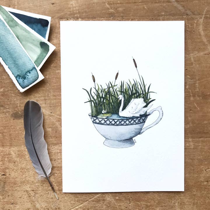 Lizzy Gass - Wholesale Art Print - Swan in a Teacup Giclée Print0