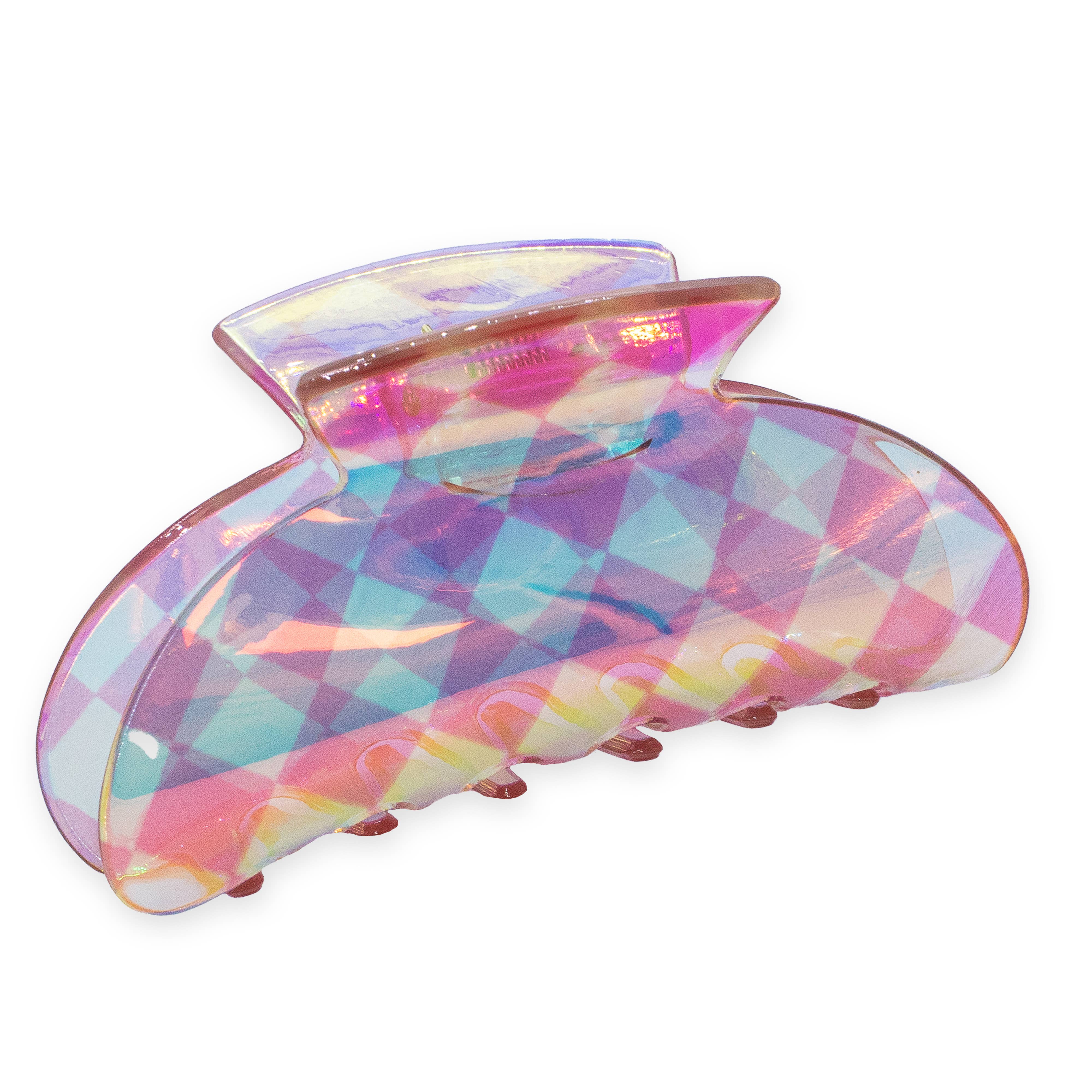 Frog Sac - Wholesale Hair Clip - Women's - Medium Round Iridescent Checkered Hair Claw Clip0