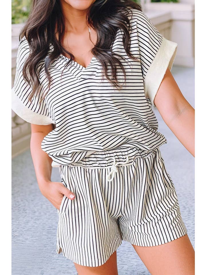 Little Daisy Closet - Wholesale Top & Pant Set (NOT Loungewear) - Women's - LDC Stripe V Neck Tee and Casual Short Set