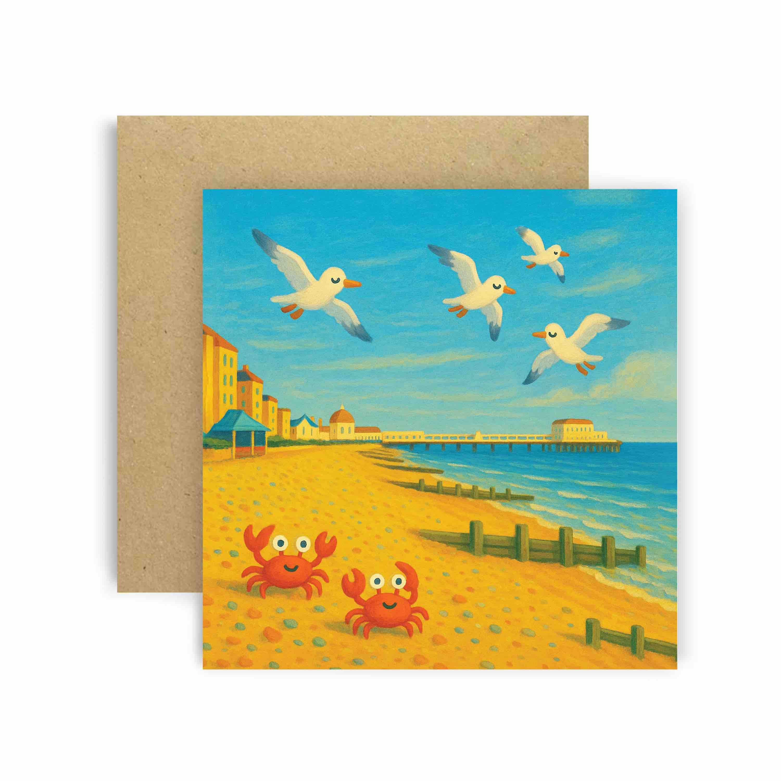 Huxters – wholesale Everyday greeting card – Worthing Beach Seagulls and Crabs Coastal Greetings Card0
