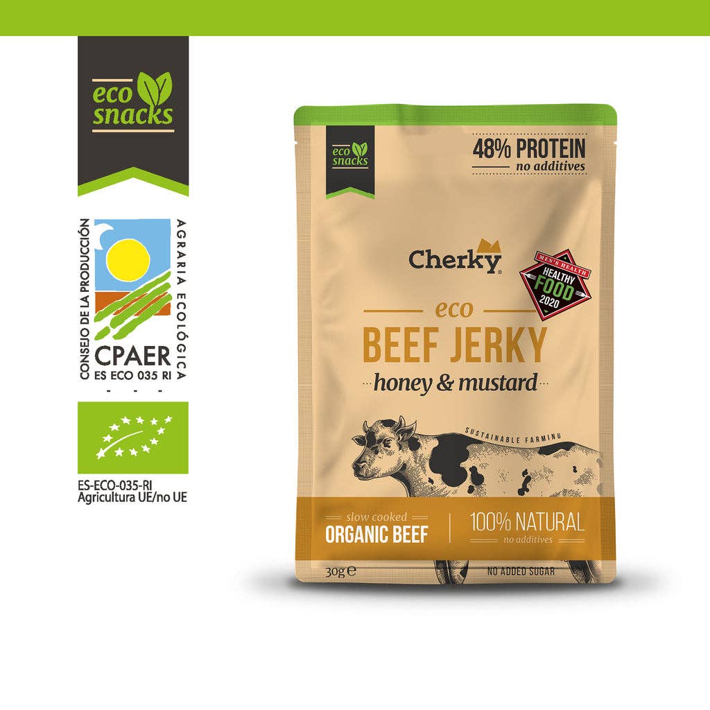 Cherky – Engroshandel Jerky – Cherky økologisk oksekød jerky med honning og sennep 30 g2