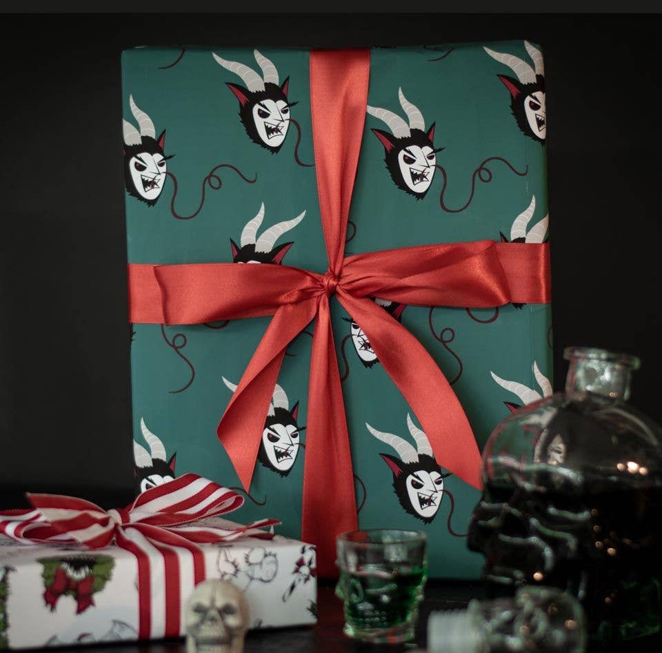 Spooky Cat Press - Vente Rouleau de papier cadeau - Emballage cadeau Merry Krampus, vert (rouleau de 8 pieds)1