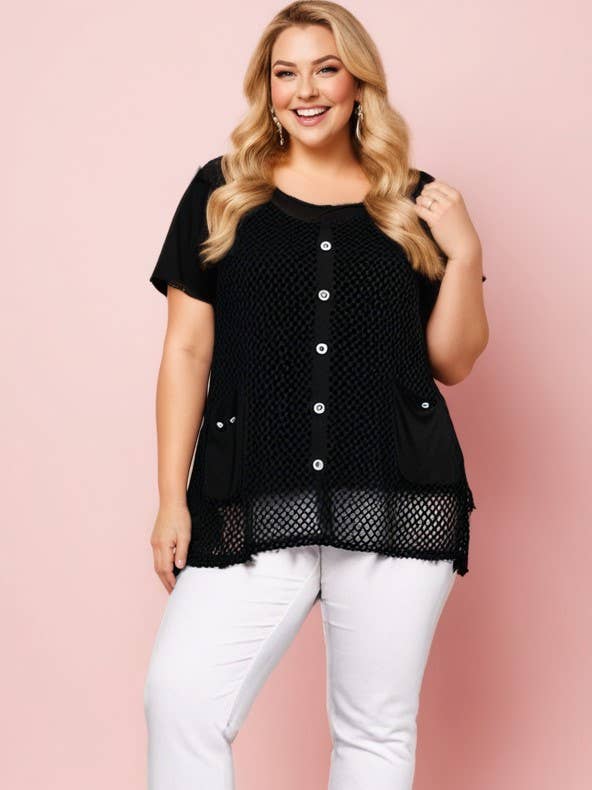 Pomme Rouge Paris – Engroshandel Tunika - Dame – Sæt med hulmønster top + sort t-shirt i stor størrelse (A339&N)0