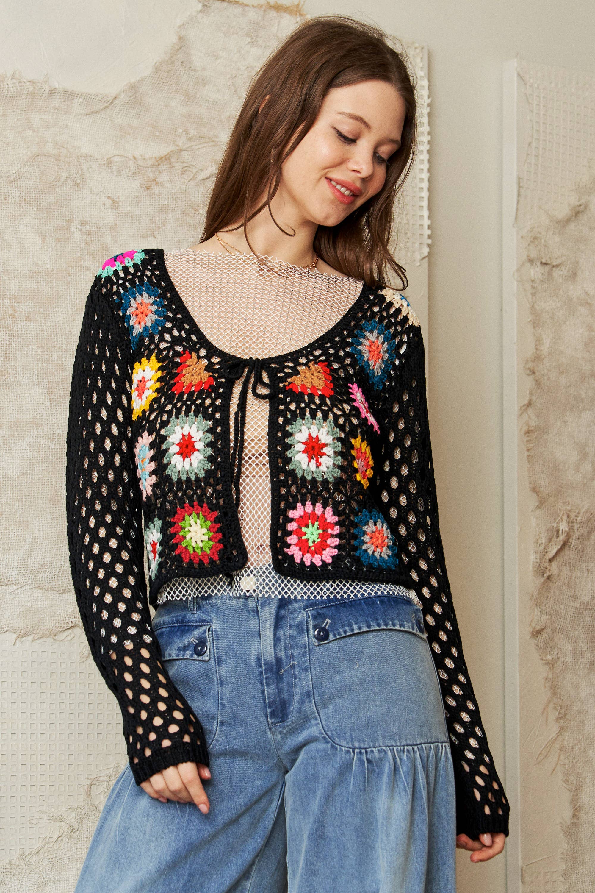 Davi & Dani - Wholesale Cardigan - Women's - PLUS CROCHET FLORAL LONG SLEEVE TIE FRONT CARDIGAN2