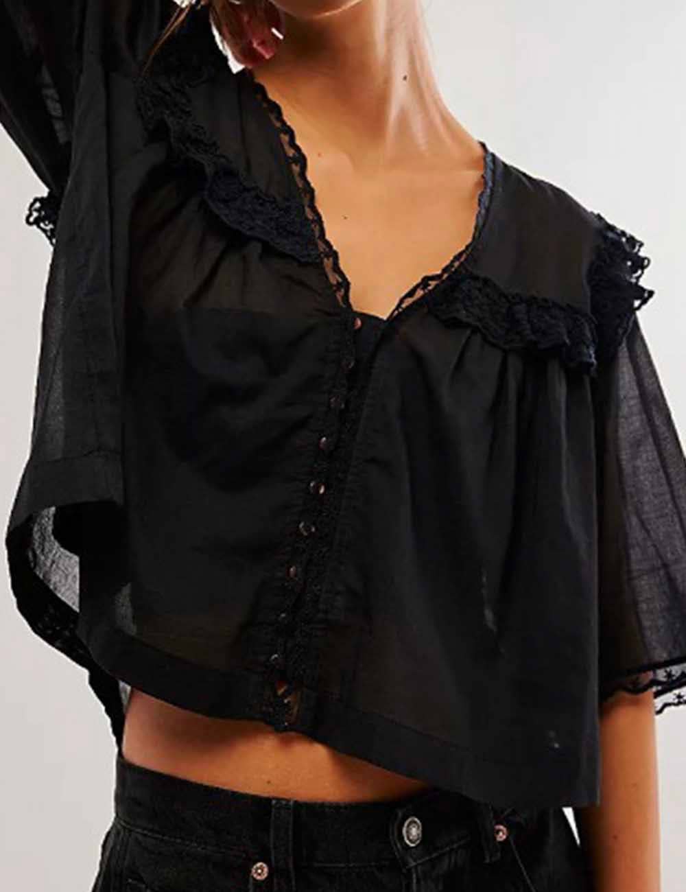 Sweetkama - Vente Chemisier – femme - Blouse en dentelle à manches courtes avec col Claudine pour femme13