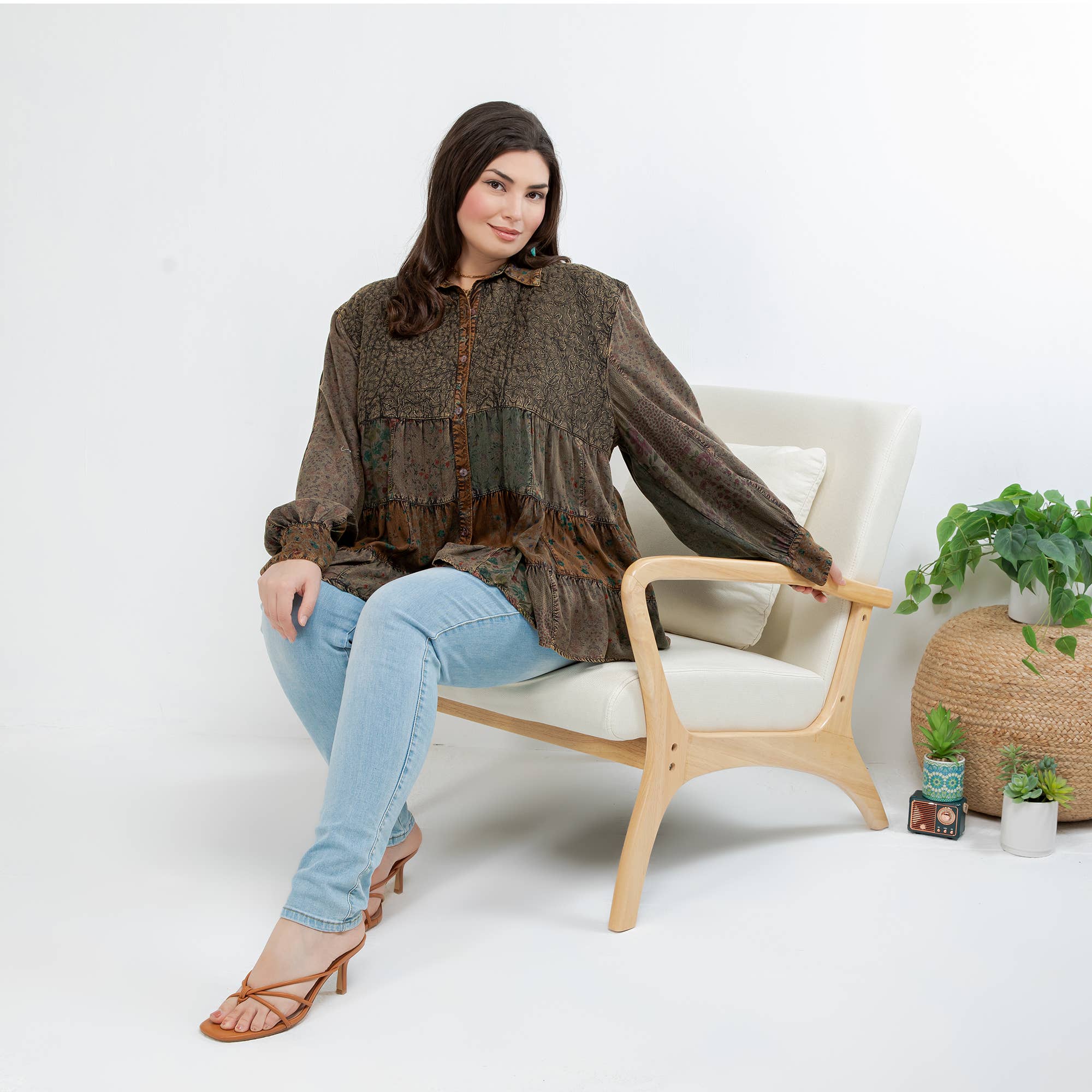 Amber Front-Open Boho Shirt with Quilted Emb & Rayon Tiers for wholesale on Faire14