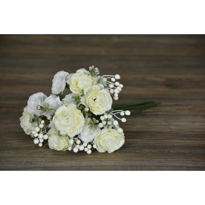 Wholesale Home Decor - Wholesale Artificial Flowers - White Rose Bunch Pick 12in