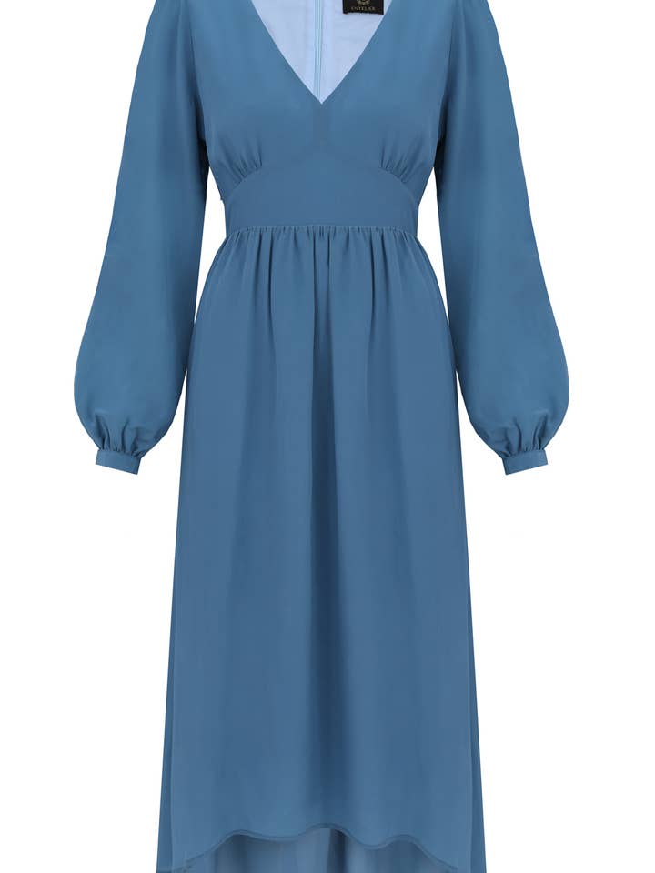 Blauwe zijden maxi-jurk voor wholesale door Entelier