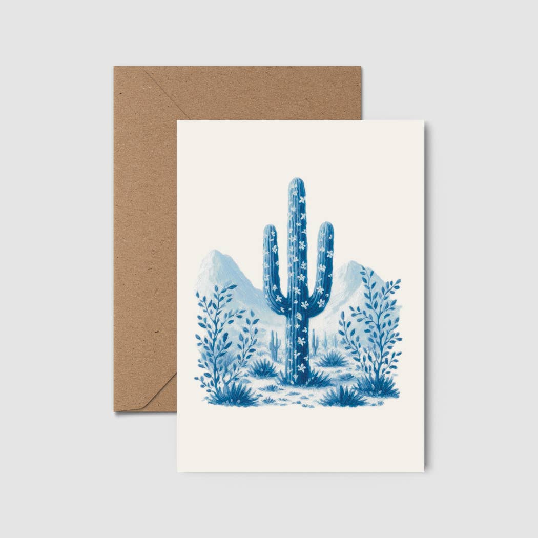 Lady Kady Art - Wholesale Everyday Greeting Card - Desert Cactus Greeting Card, Blue Minimalist Saguaro