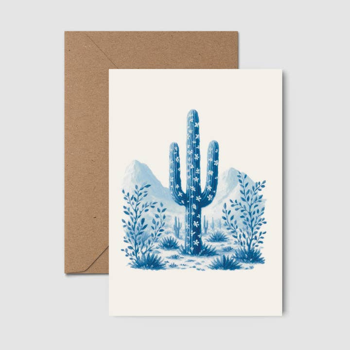 Lady Kady Art - Wholesale Everyday Greeting Card - Desert Cactus Greeting Card, Blue Minimalist Saguaro 0