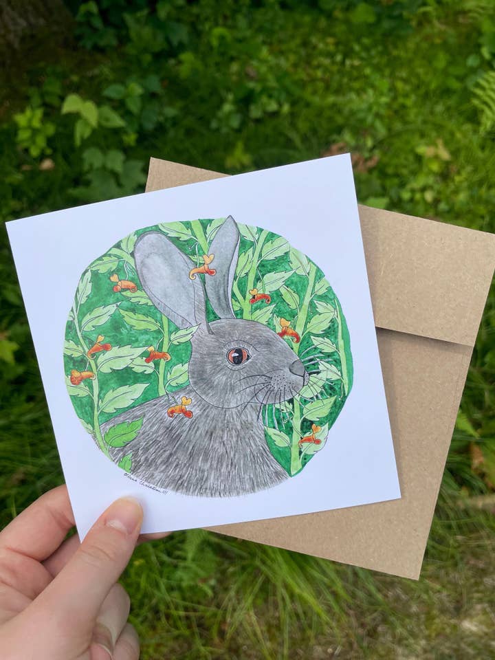 Tarjeta de Conejo Jack en la Flor de la Joya - Tarjeta en Blanco 5x5 para venta al por mayor de MossyPathArt