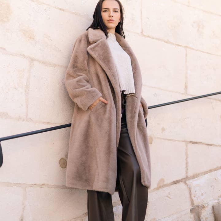 Long coat with faux fur lapels DSY2172 for wholesale by Cecile Wang