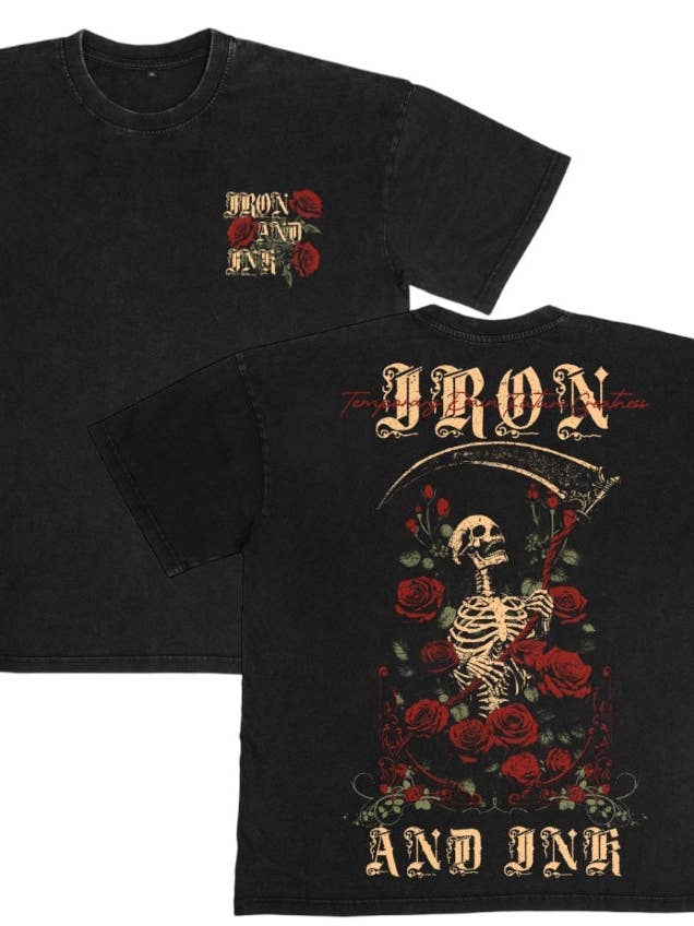 Pre-Order New "skull roses" shirt-acid wash black oversized for wholesale by Iron And Ink Clothing Co