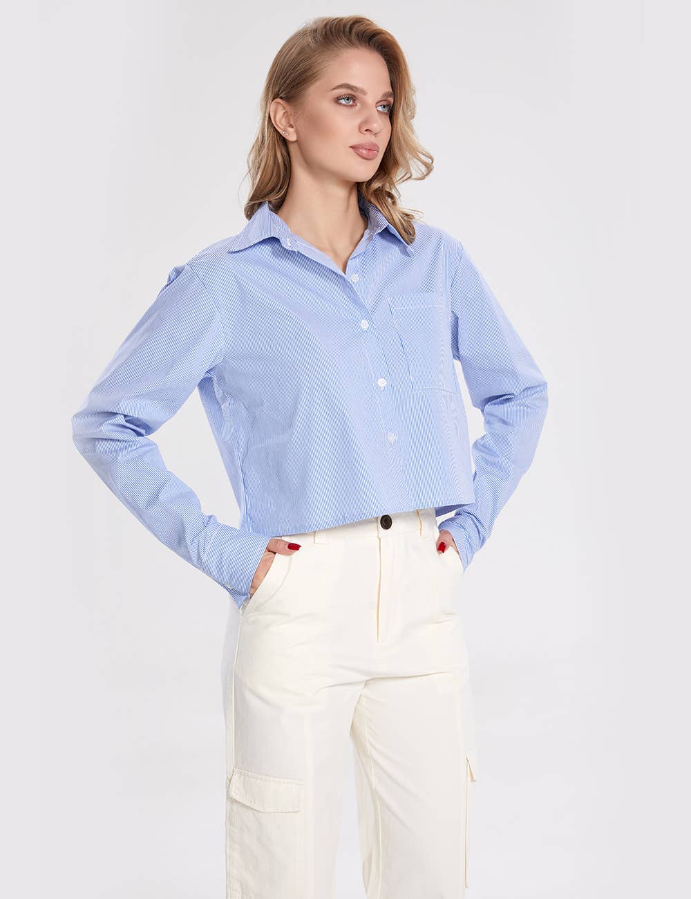 Bleu Chemise courte rayée à manches longues pour femmes SKT270 en vente sur Faire4