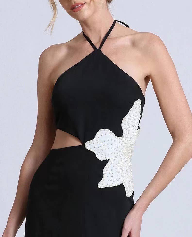 Noir Robe mi-longue à dos nu à motif floral DR298 en vente sur Faire3