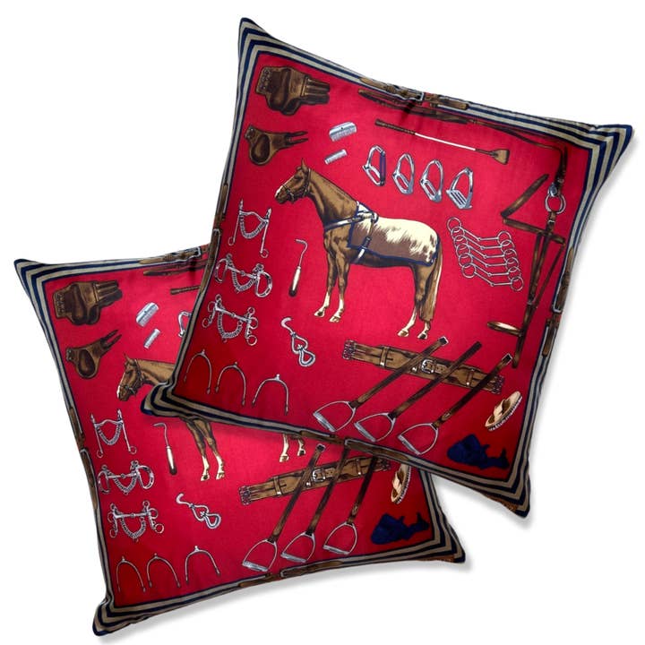 Cuscini in seta vintage rossa equestre 22" per la vendita all'ingrosso da parte di Vintage Luxe Up