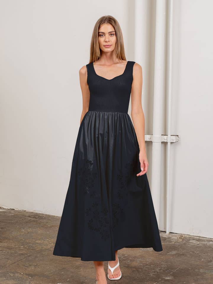 Moon River - Wholesale Dress - Women's - SWEATER TOP EYELET DETAIL MIDI DRESS