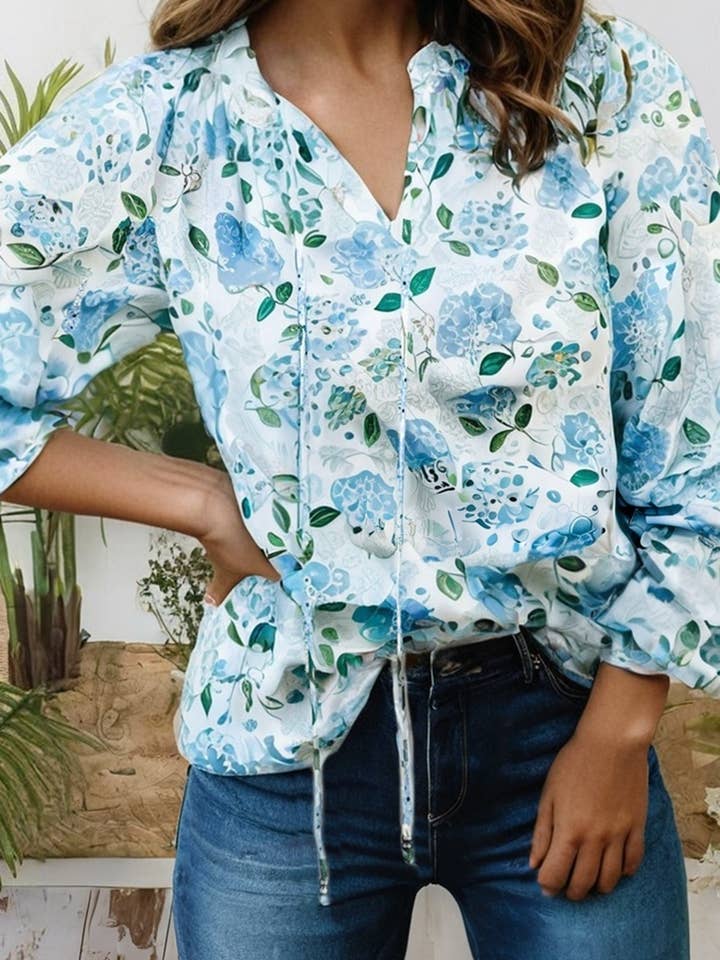 Floral Print Long Sleeve V Neck Blouse (S-XL) for wholesale by 66DISCO