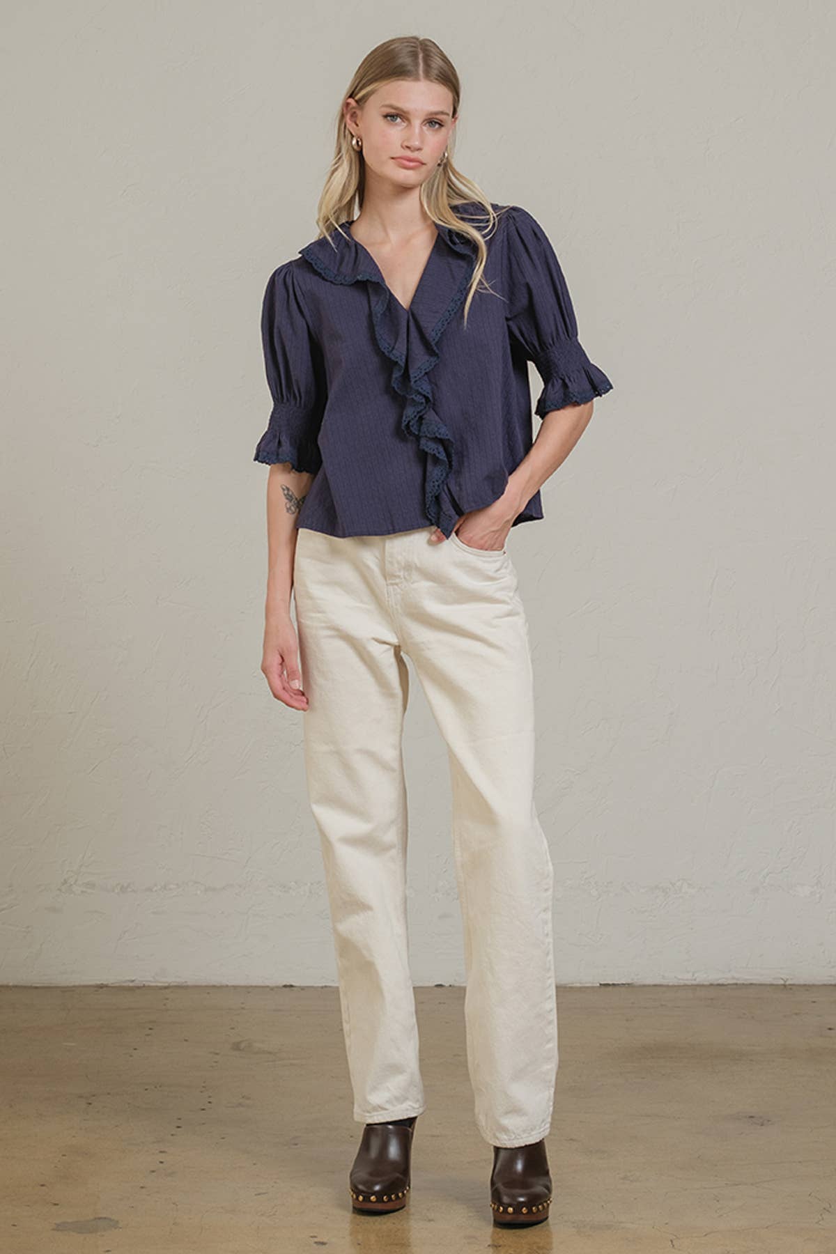 RAISONNEL - Wholesale Blouse - Women's - Ruffle Trim Lace Detail Blouse - RT11796