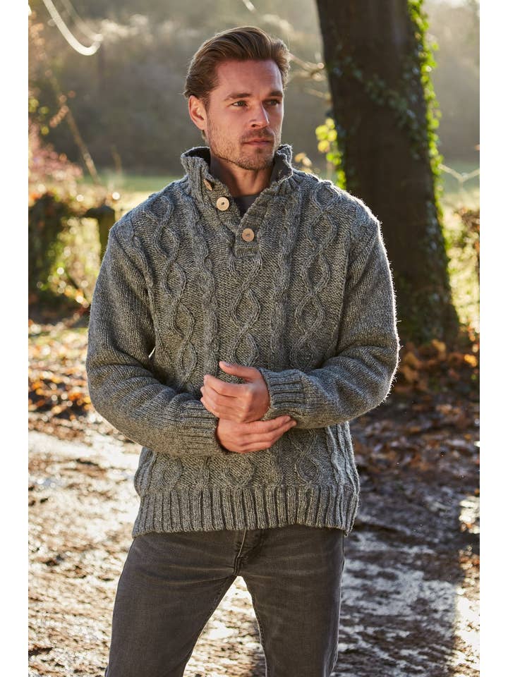 Pachamama Ltd - Wholesale Knitted jumper – Men′s - Mens Shetland Button Sweater Grey
