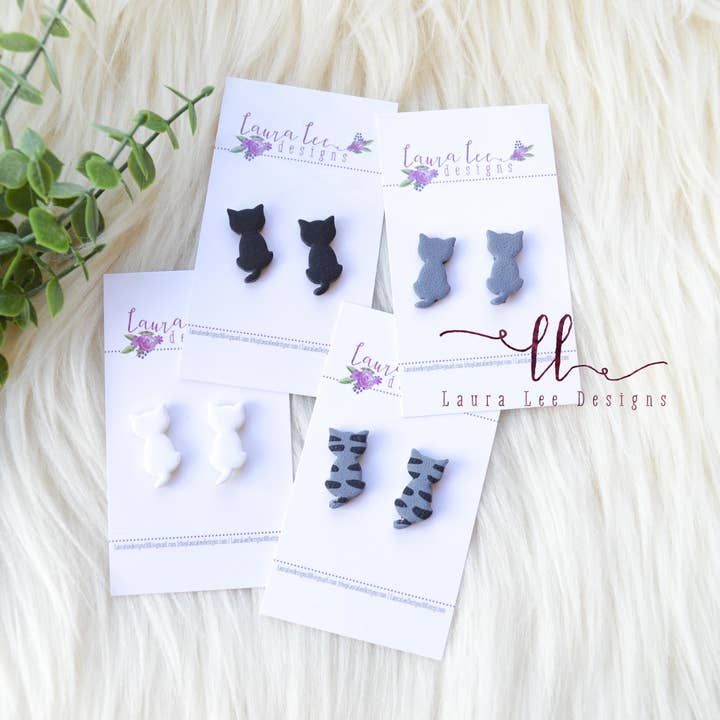 Cat Clay Stud Earrings || You Choose Color || Full Body Cats for wholesale by Laura Lee Designs