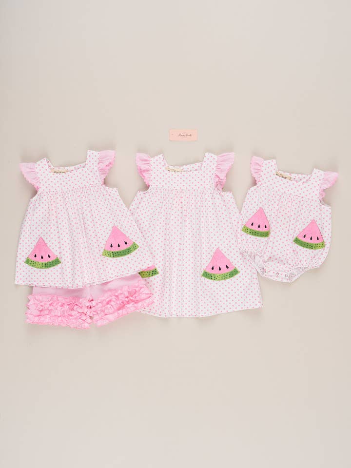 Marie Nicole Clothing - Wholesale Top & Short Set - Kids - Dotty Watermelon Embroidered Icing Ruffle Outfit4