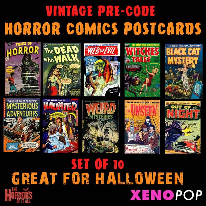 Xeno Pop - Wholesale Postcard Set - VINTAGE HORROR COMICS HALLOWEEN POSTCARDs SET#1 OF 20