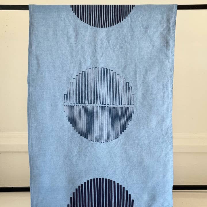 Tea Towel/Lake Circle Print on Denim Blue Linen for wholesale by olgajoan