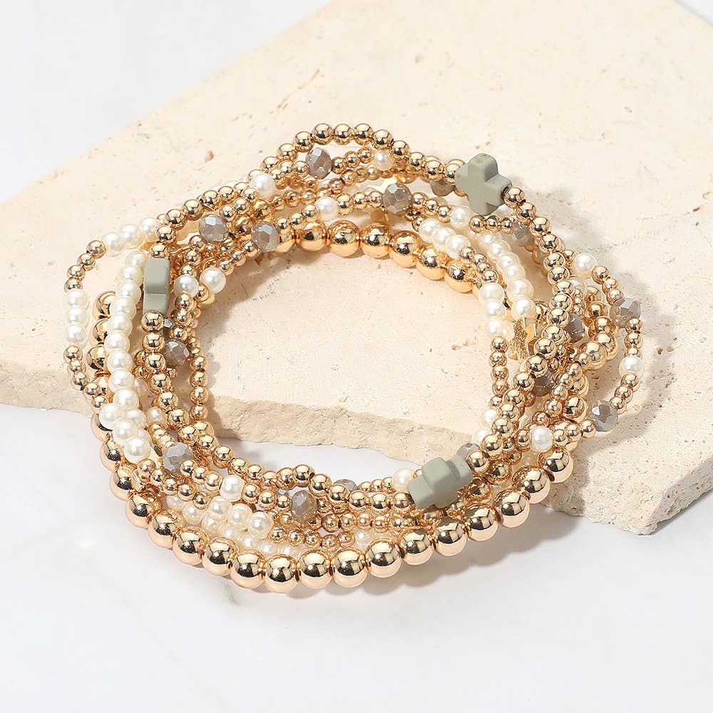 Sensibling Corp. - Wholesale Jewelry Set - 7PCS - Cross Pearl Metal Ball Beaded Stretch Multi Layered Bracelets2