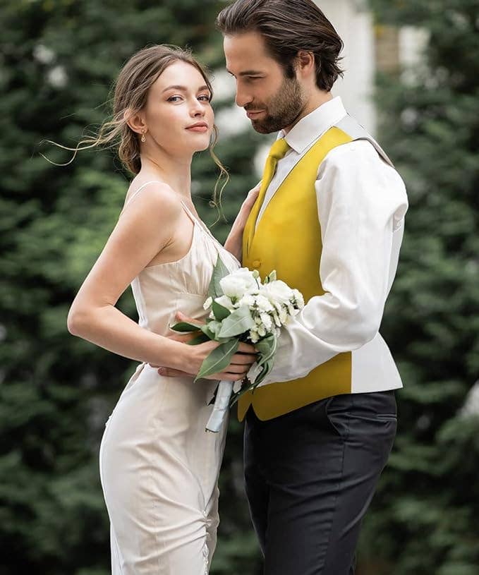 Dubal Brothers - Wholesale Suit Vest - Men's - Vittorio Farina Solid Satin Vest Set (White Back) Var. 02 (Mustard-Yellow)47