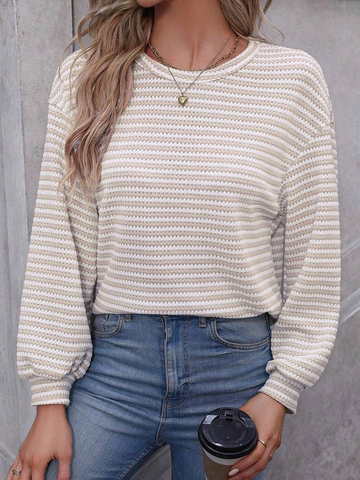 Lovesoft - Wholesale Knit Top - Women's - Stripe Round Neck Drop Shoulder Long Sleeve Top
