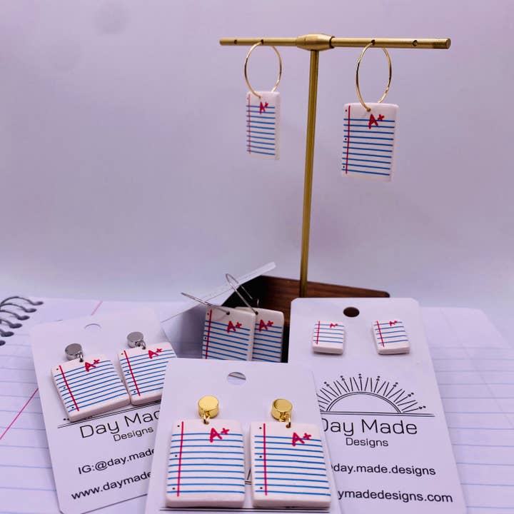A+ Note Pad Earrings for wholesale by Day Made Designs